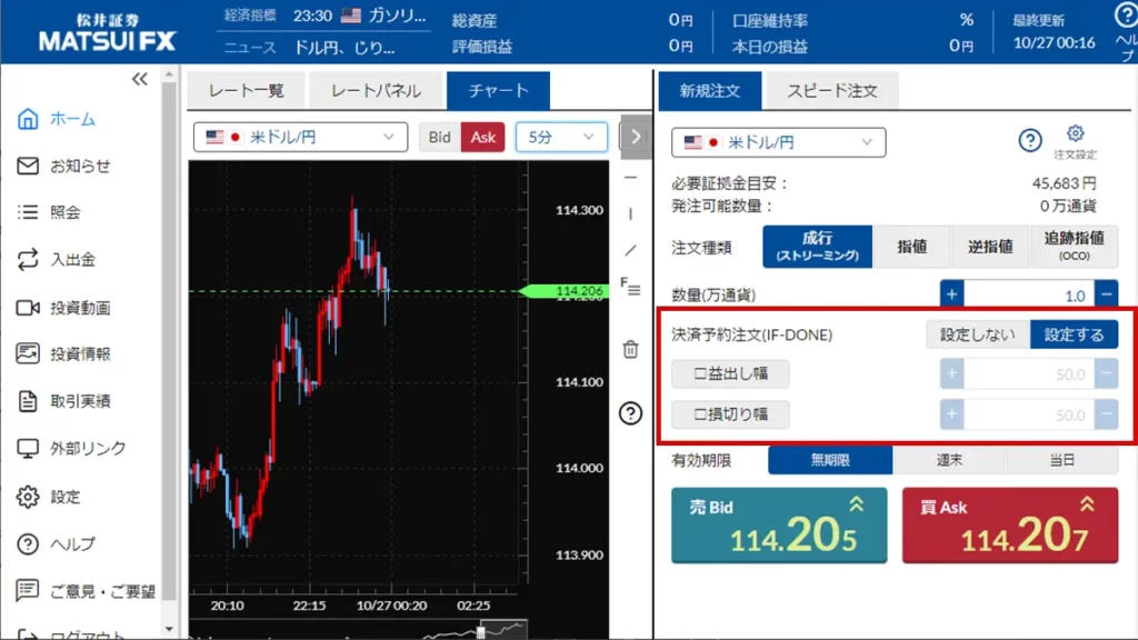 松井証券FXの取引画面